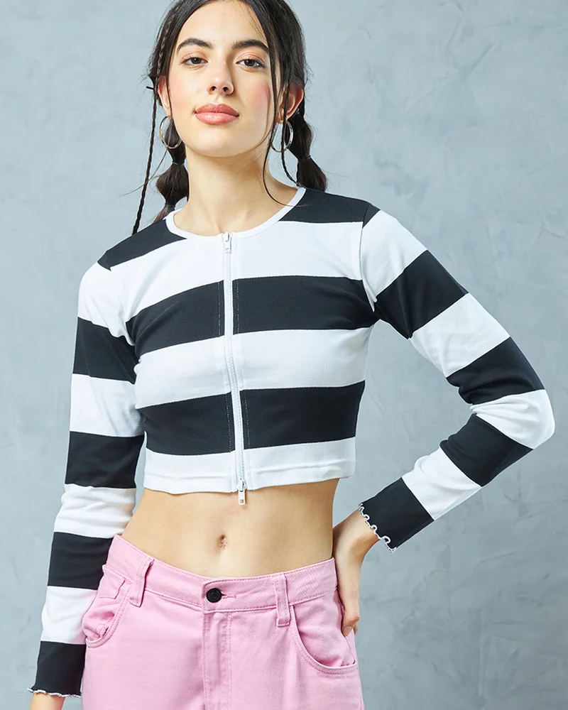 بيواكوف Women's White & Black Striped Slim Fit Zipper Short Top